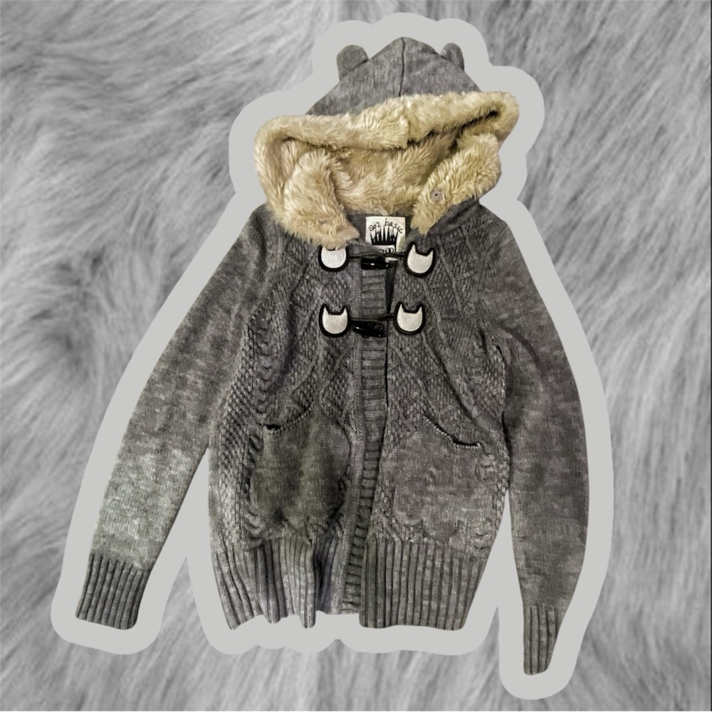 Kawaii Grey Bear Ear Faux Fur Hooded Knit Toggle Cardigan